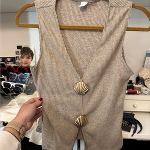 Sleeveless Beige Knit Vest Top with Gold Sea Shell Buttons Medium Tan